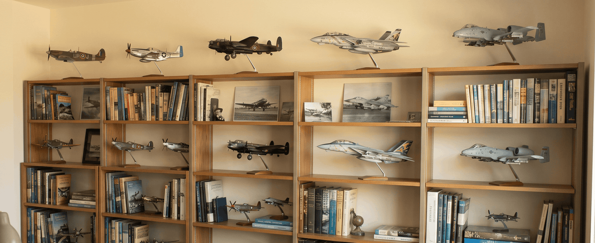 Large display of 1/48 and 1/72 scale military aircraft models