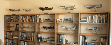 Large display of 1/48 and 1/72 scale military aircraft models