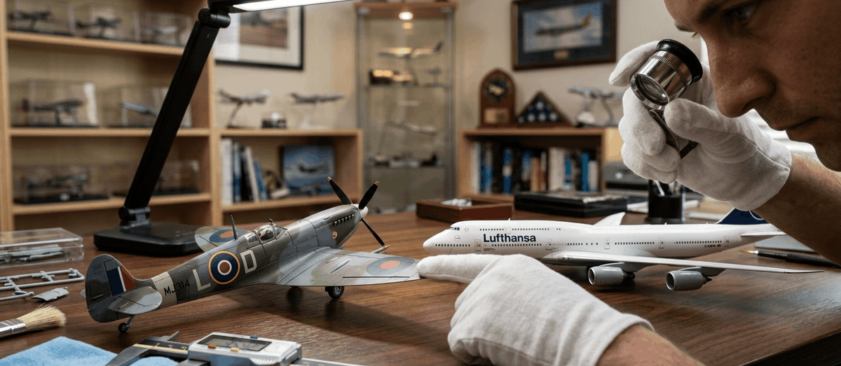 A man inspecting model aircraft details up-close