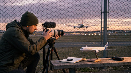 A man plane spotting at an international airport