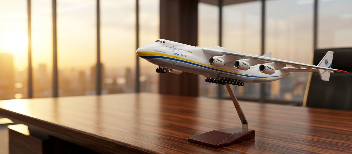 Antonov AN-225 Model airplane on a stand in an office setting with cityscape view