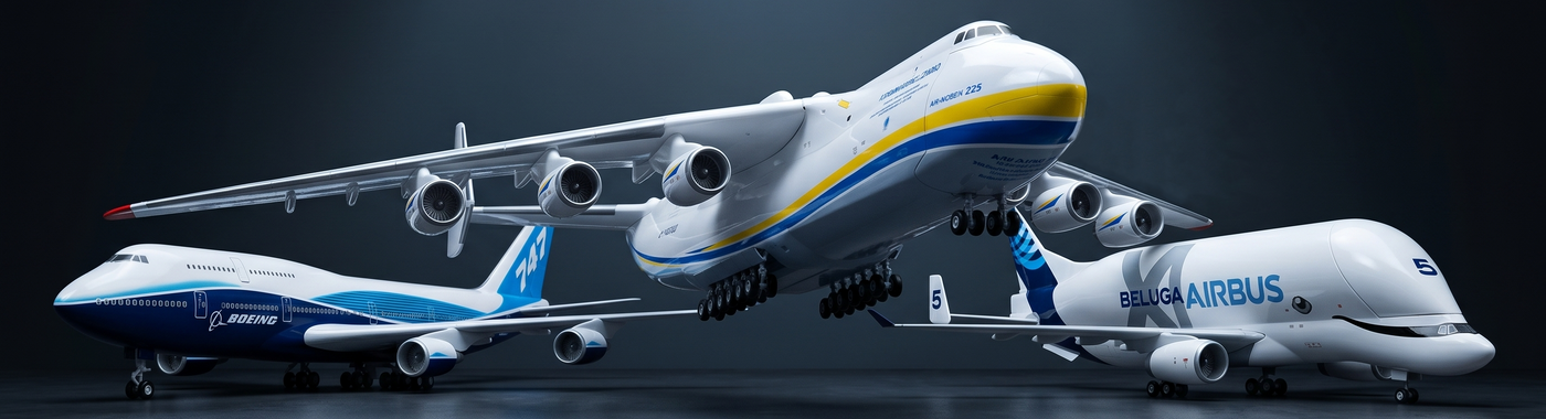 Three premium aircraft models displayed together, an XL Boeing 747, XL Antonov AN-225 and XL Airbus Beluga.